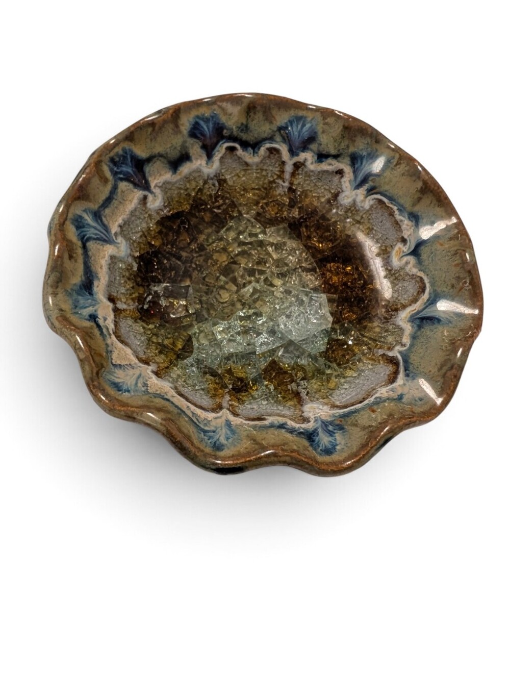 VINTAGE Glazed Ceramic Decorative Trinket Tray Bowl Brown Blue Crystal